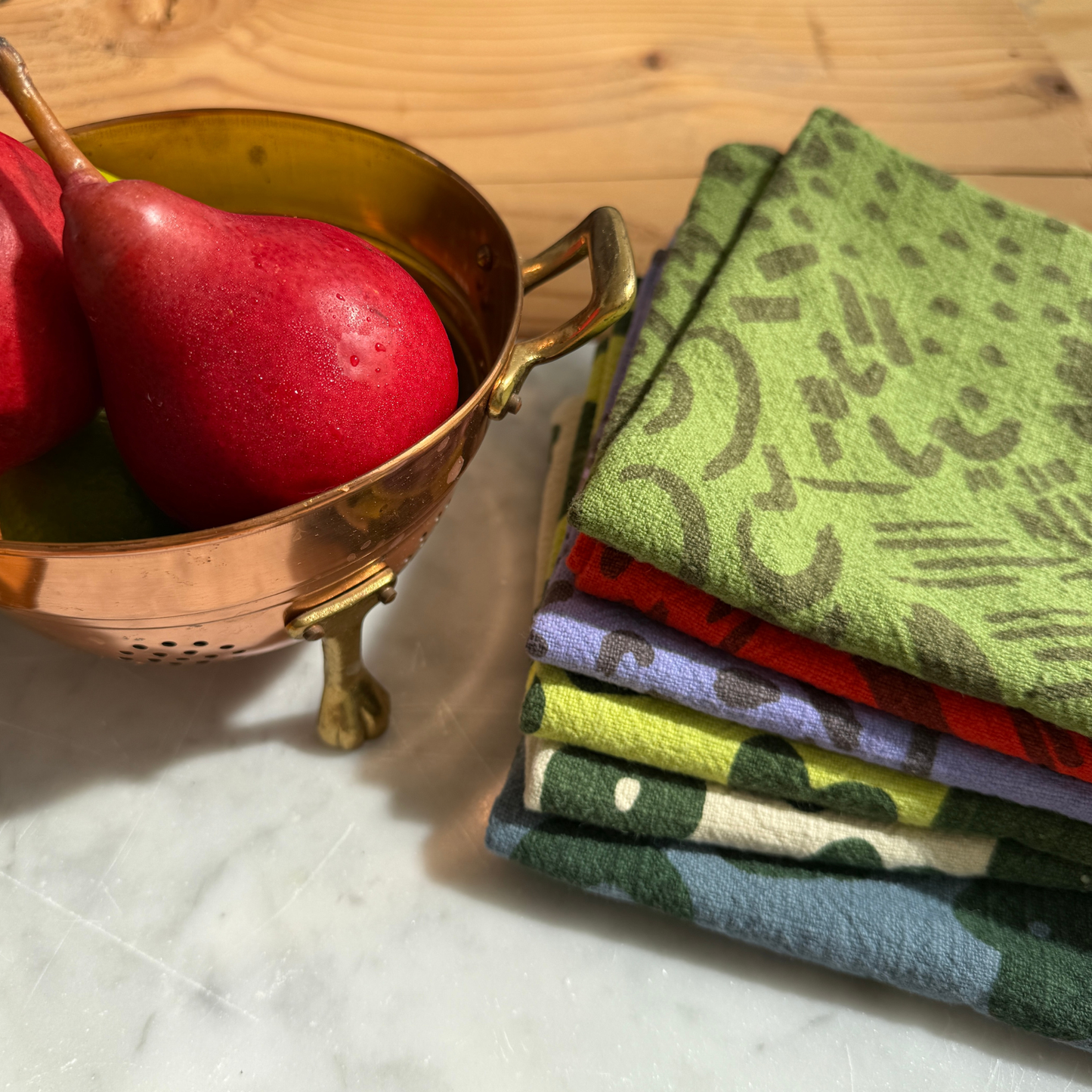 Textured Tea Towel - Dashes & Moon - Warm Grey - Tomato