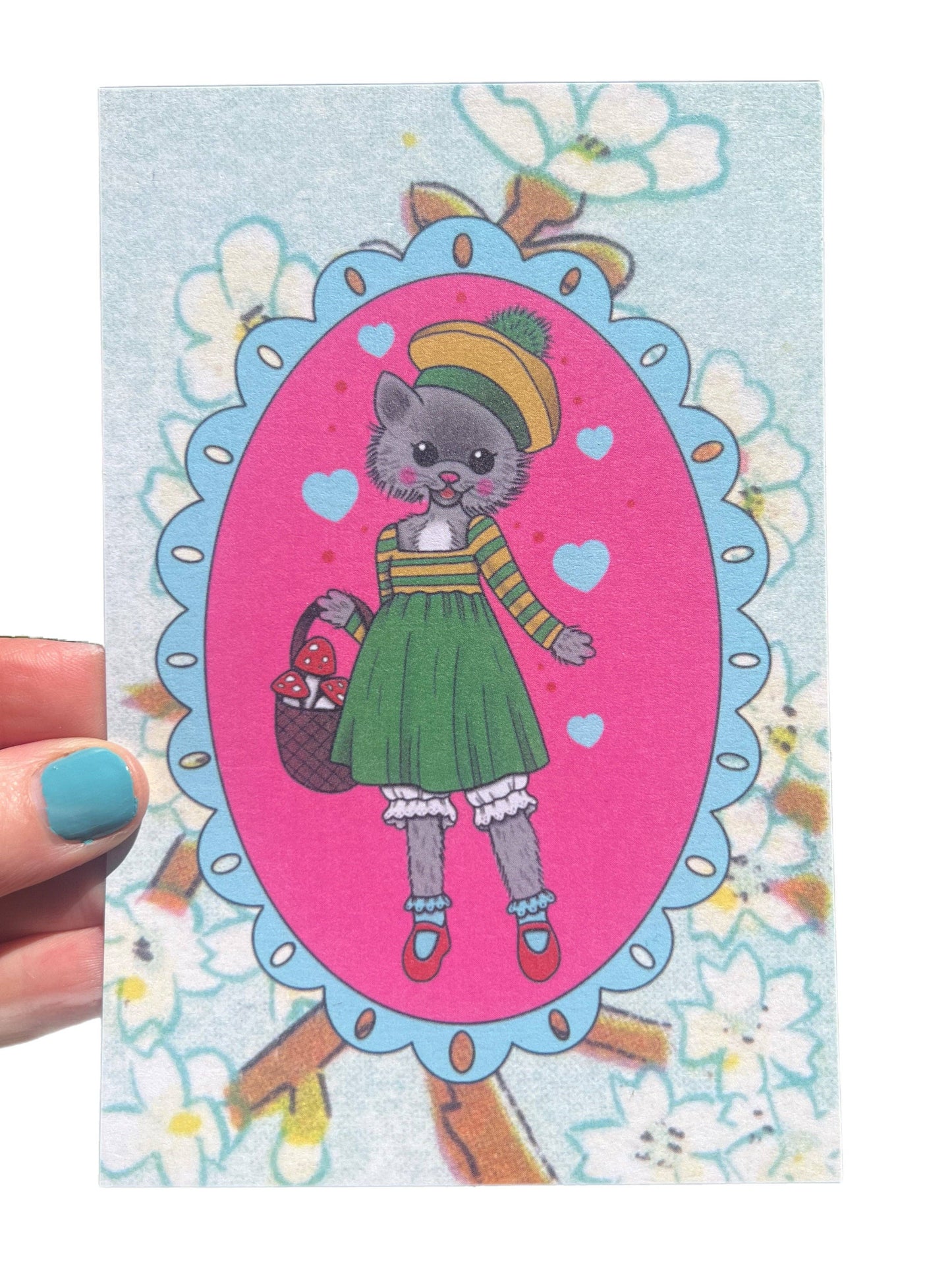 POSTCARD Kitty Gathering Mushrooms