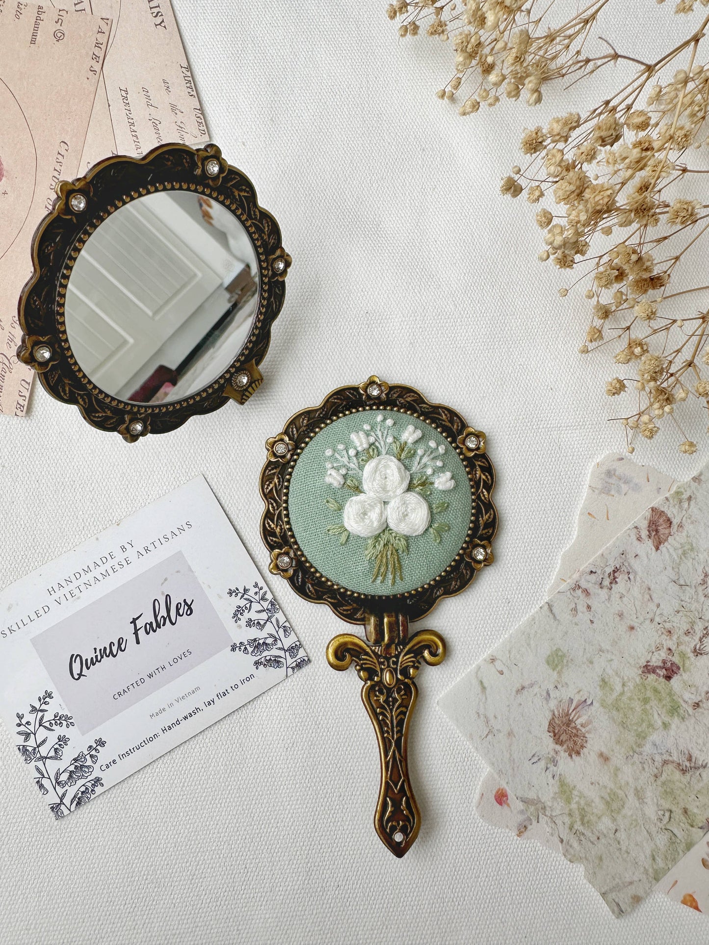 Floral Embroidered Round Folding Mirror