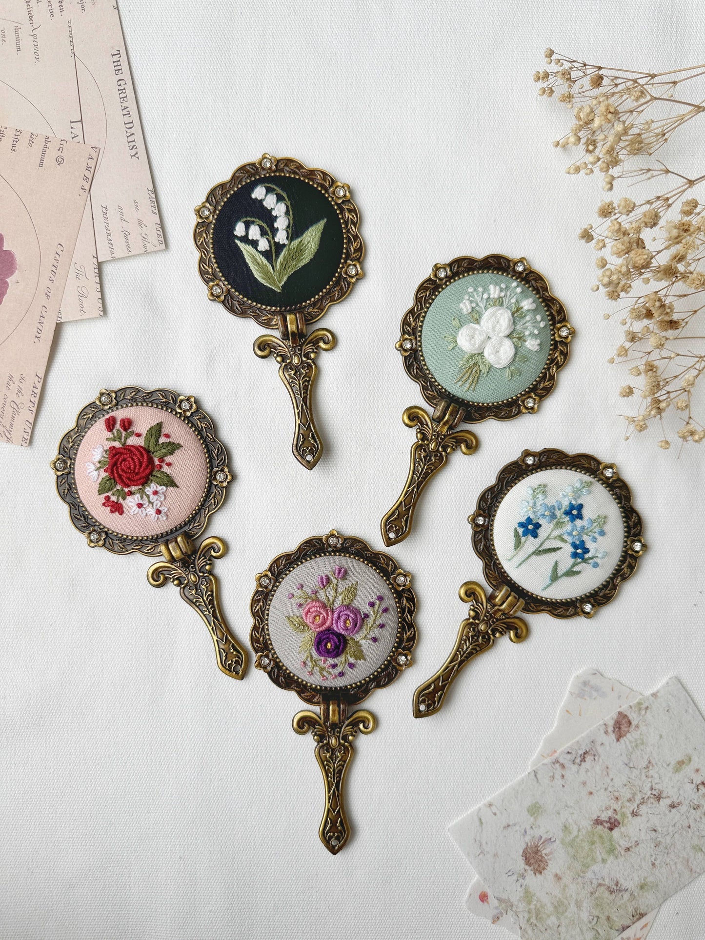 Floral Embroidered Round Folding Mirror
