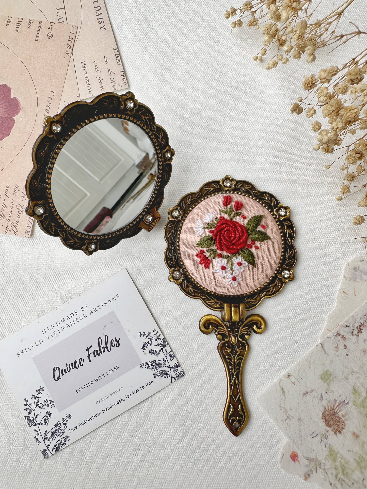 Floral Embroidered Round Folding Mirror