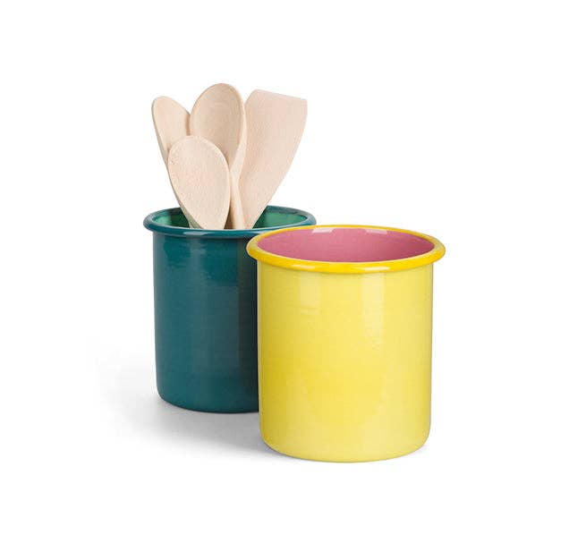 Tall Enamel Utensil Holder in Sulphur Yellow / Old Rose