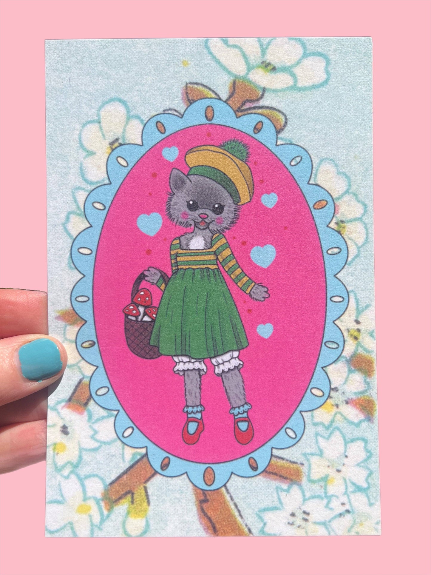 POSTCARD Kitty Gathering Mushrooms