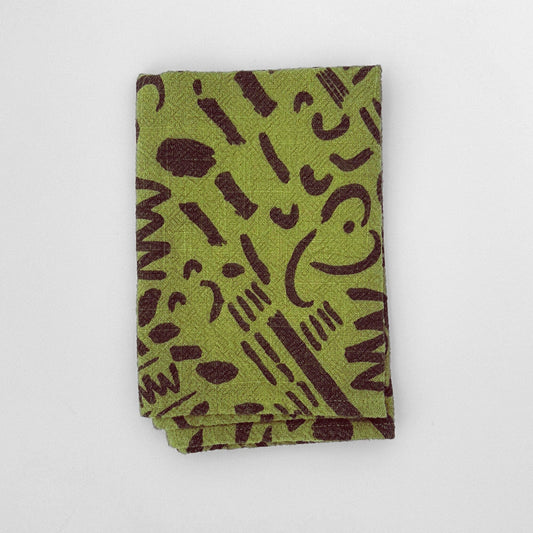 Textured Tea Towel - Dashes & Moon - Warm Grey - Moss