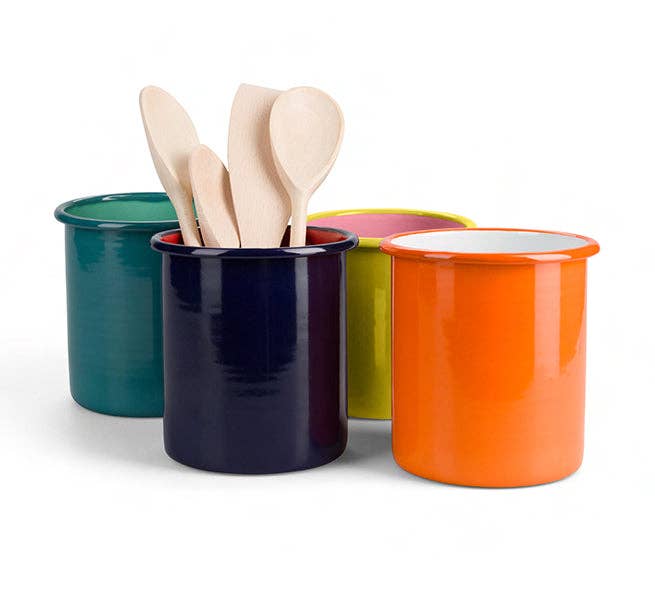 Tall Enamel Utensil Holder in Orange Flame / Bright White