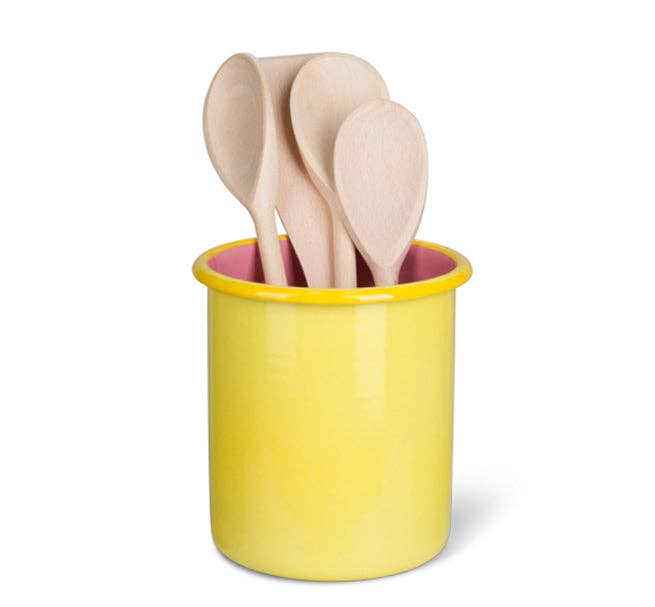 Tall Enamel Utensil Holder in Sulphur Yellow / Old Rose