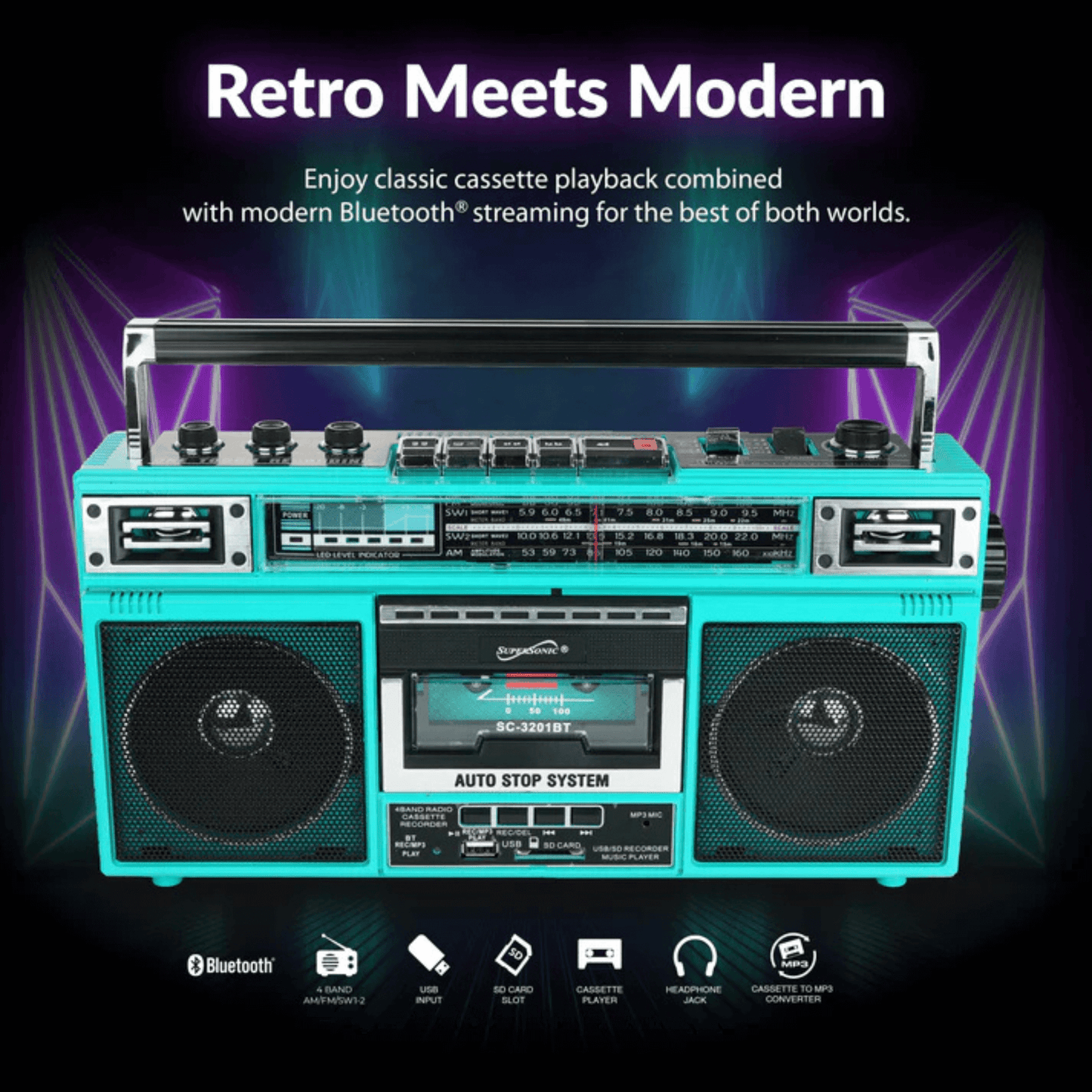 Supersonic 4 Band Bluetooth Radio & MP3 / Cassette Player