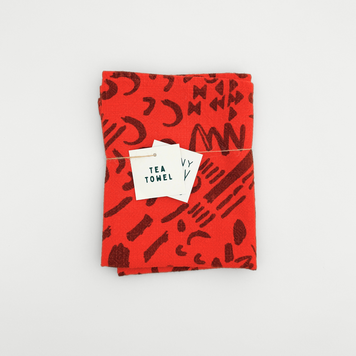 Textured Tea Towel - Dashes & Moon - Warm Grey - Tomato