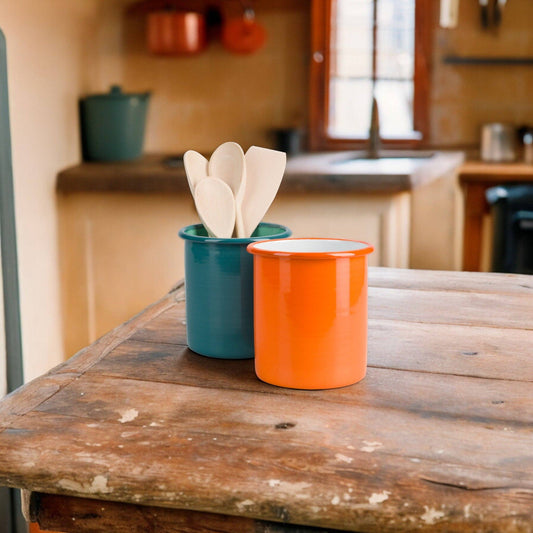 Tall Enamel Utensil Holder in Orange Flame / Bright White
