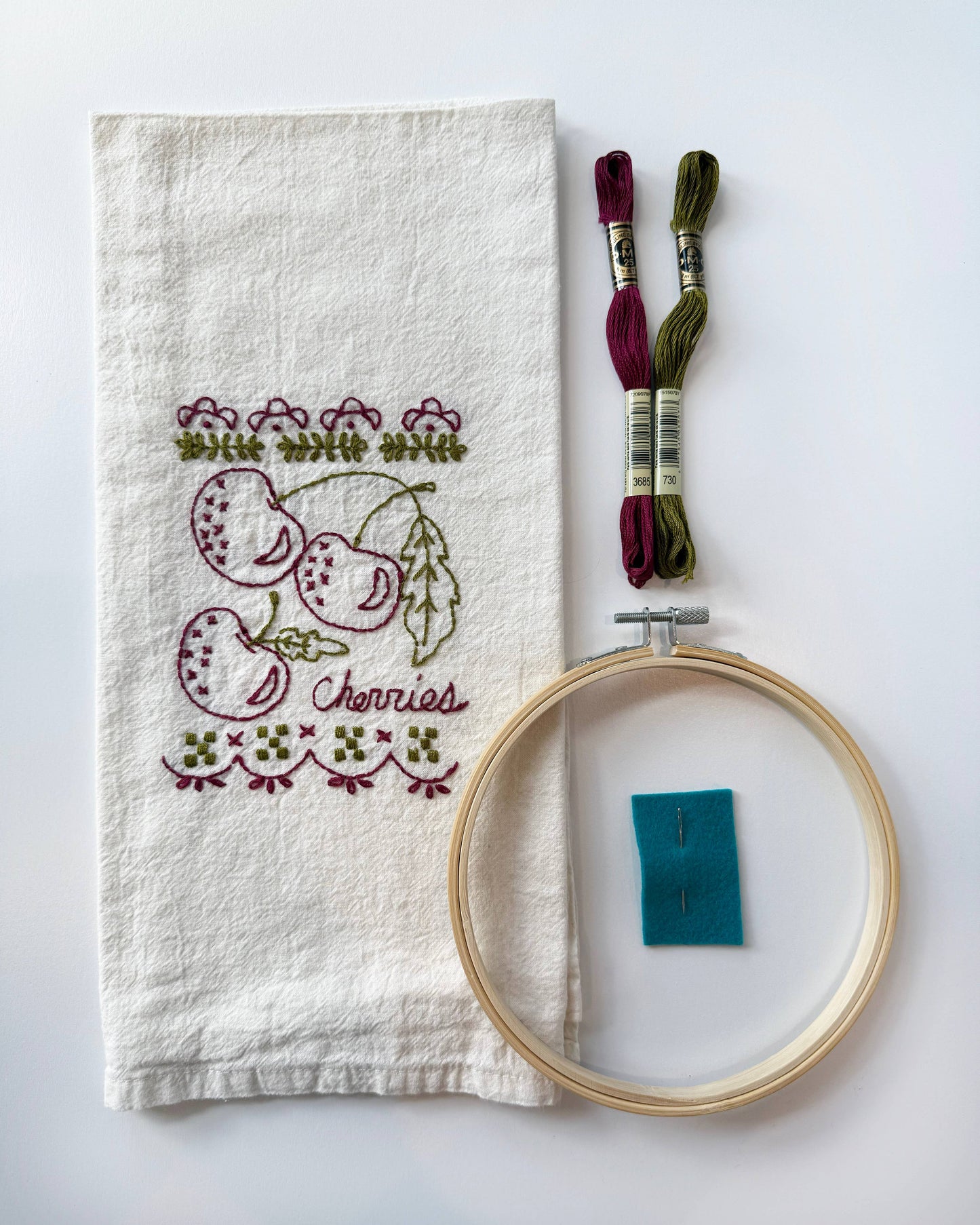 Cherries Embroidery Tea Towel Kit