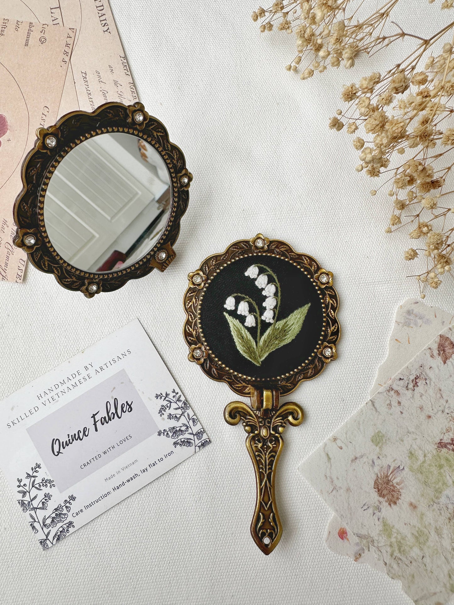 Floral Embroidered Round Folding Mirror