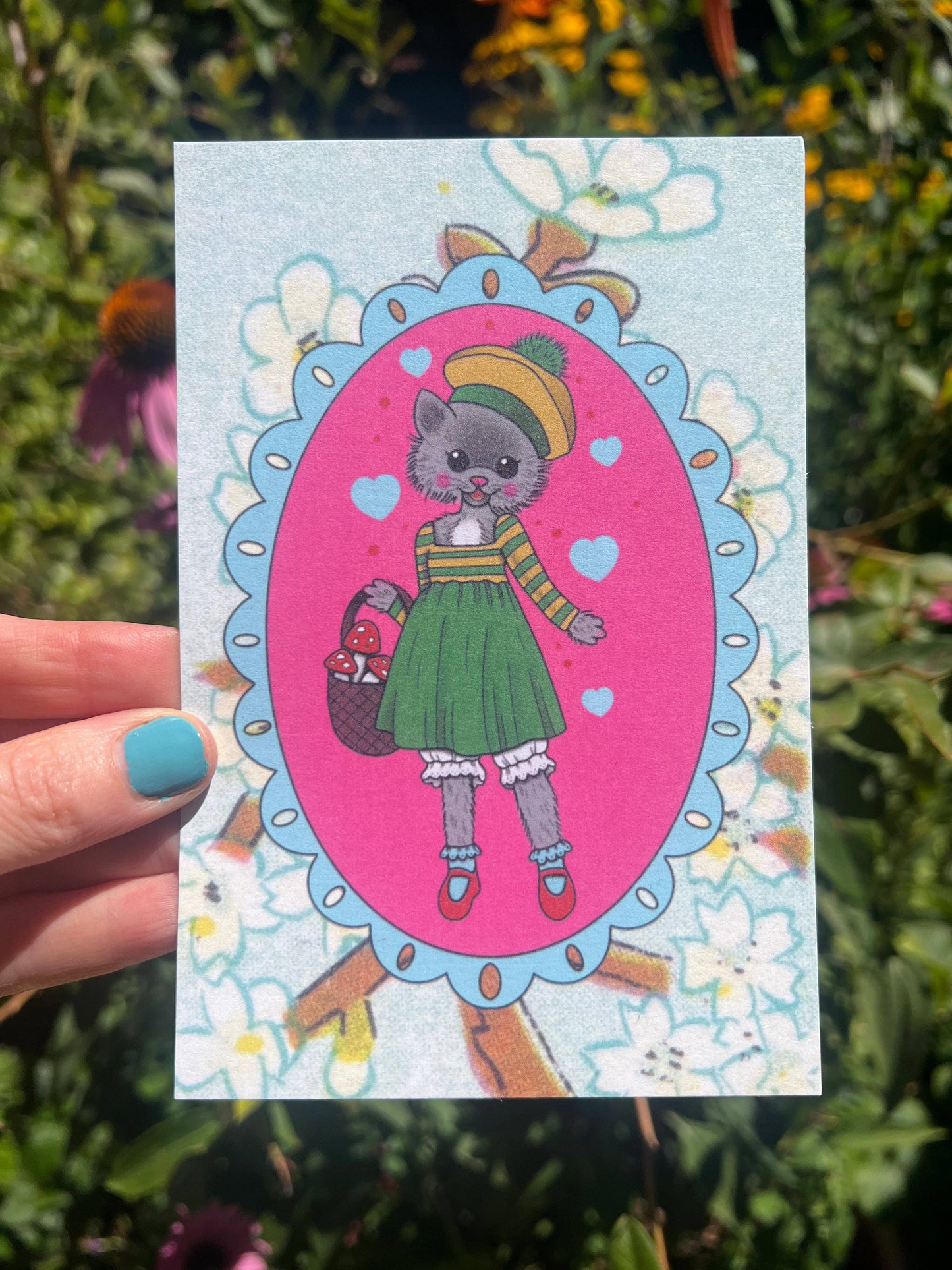 POSTCARD Kitty Gathering Mushrooms