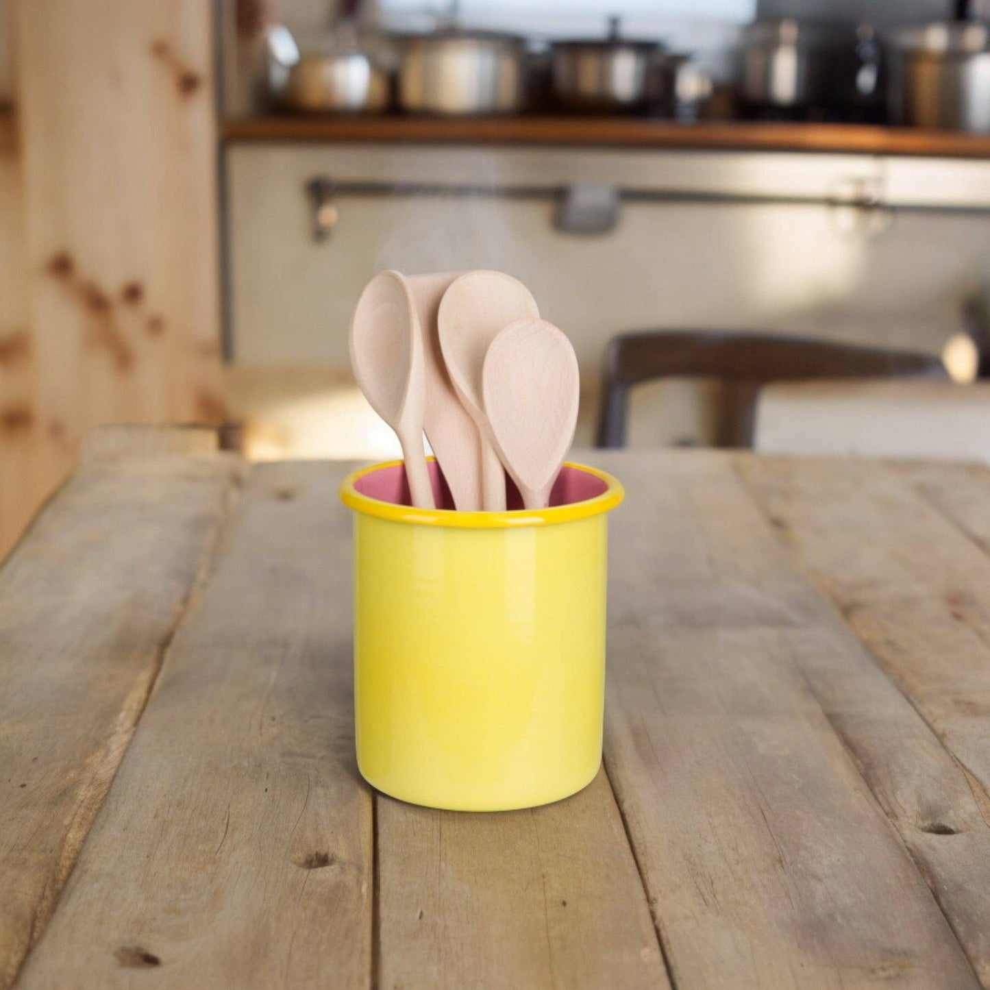 Tall Enamel Utensil Holder in Sulphur Yellow / Old Rose