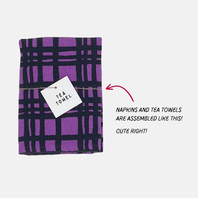 Textured Tea Towel - Dashes & Moon - Warm Grey - Lilac Pop