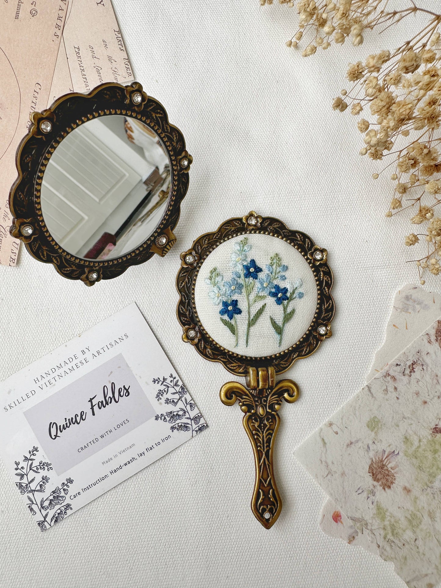Floral Embroidered Round Folding Mirror