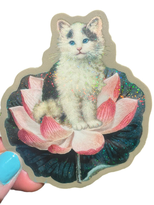 Cat on Lotus STICKER 3 Inch