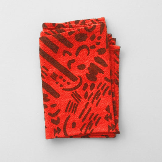 Textured Tea Towel - Dashes & Moon - Warm Grey - Tomato