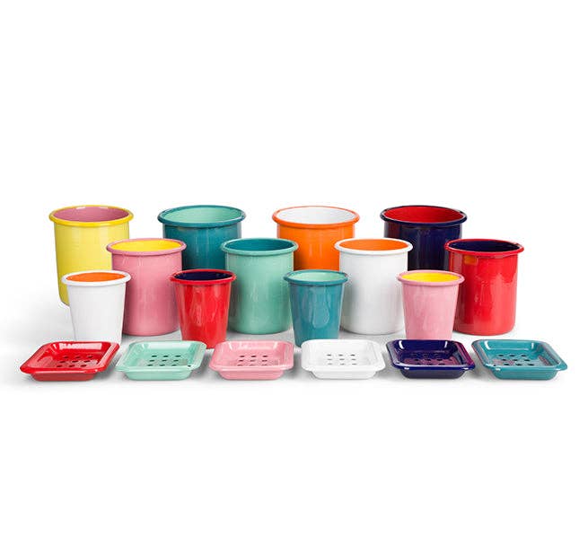 Tall Enamel Utensil Holder in Sulphur Yellow / Old Rose