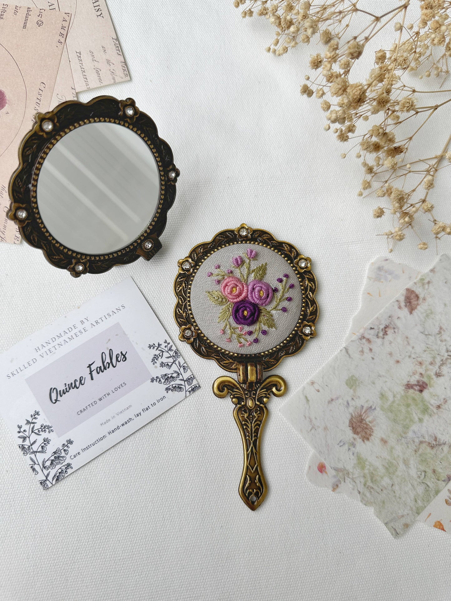 Floral Embroidered Round Folding Mirror
