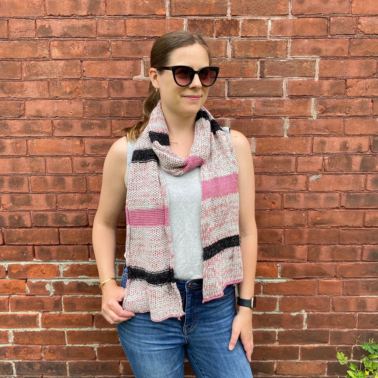 Pink and Fuzzy Black knit scarf